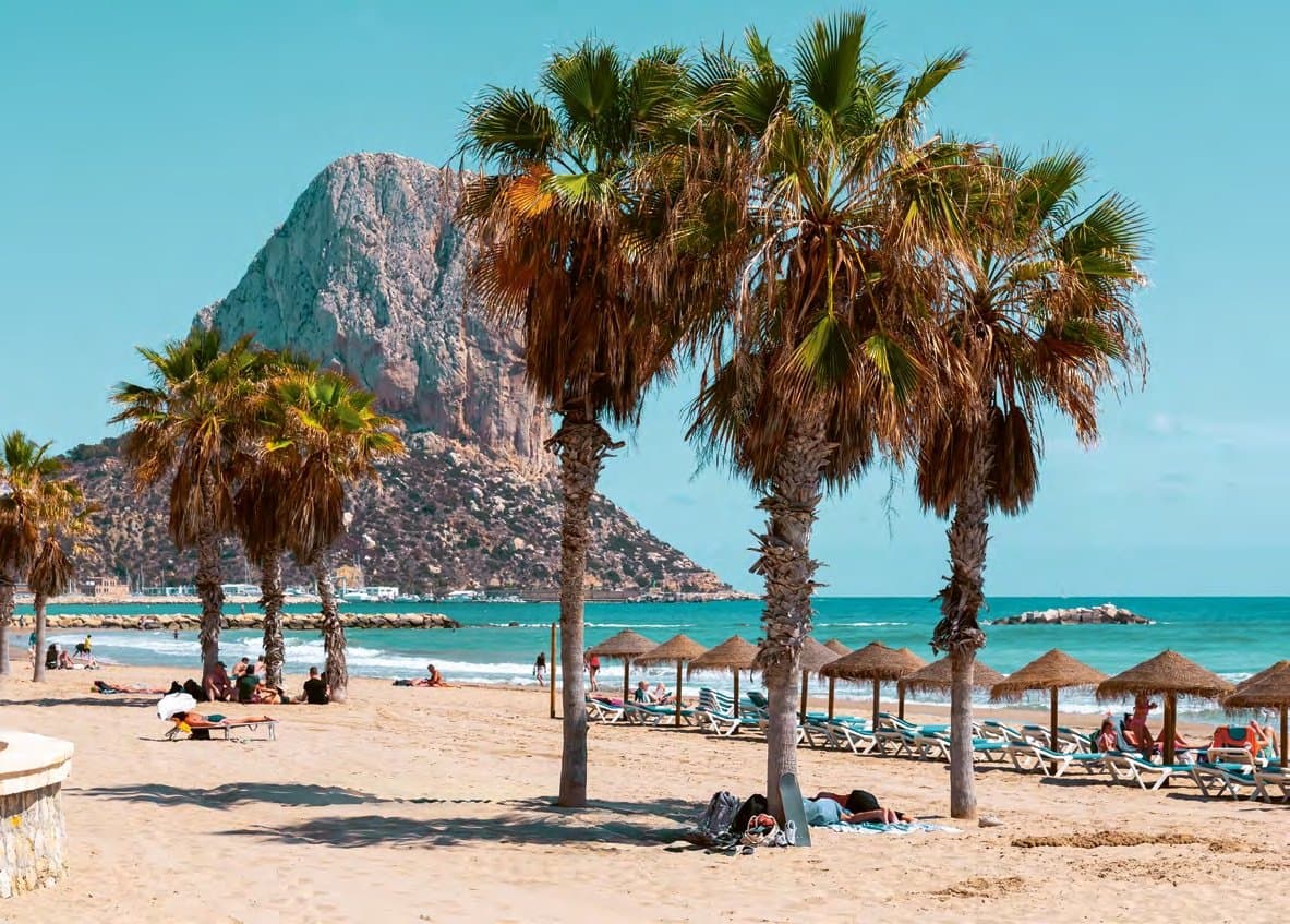 Palmen op het strand van Calpe, met de Peñón de Ifach erachter
